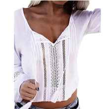 White Shirt Long Sleeve Lace Splice V-Neck