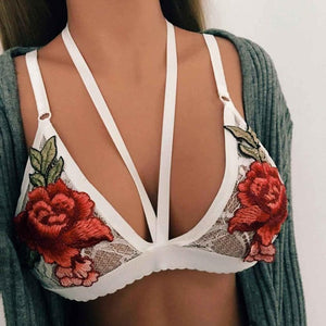 Halter Cross Strap Red Embroidered Floral Bralette